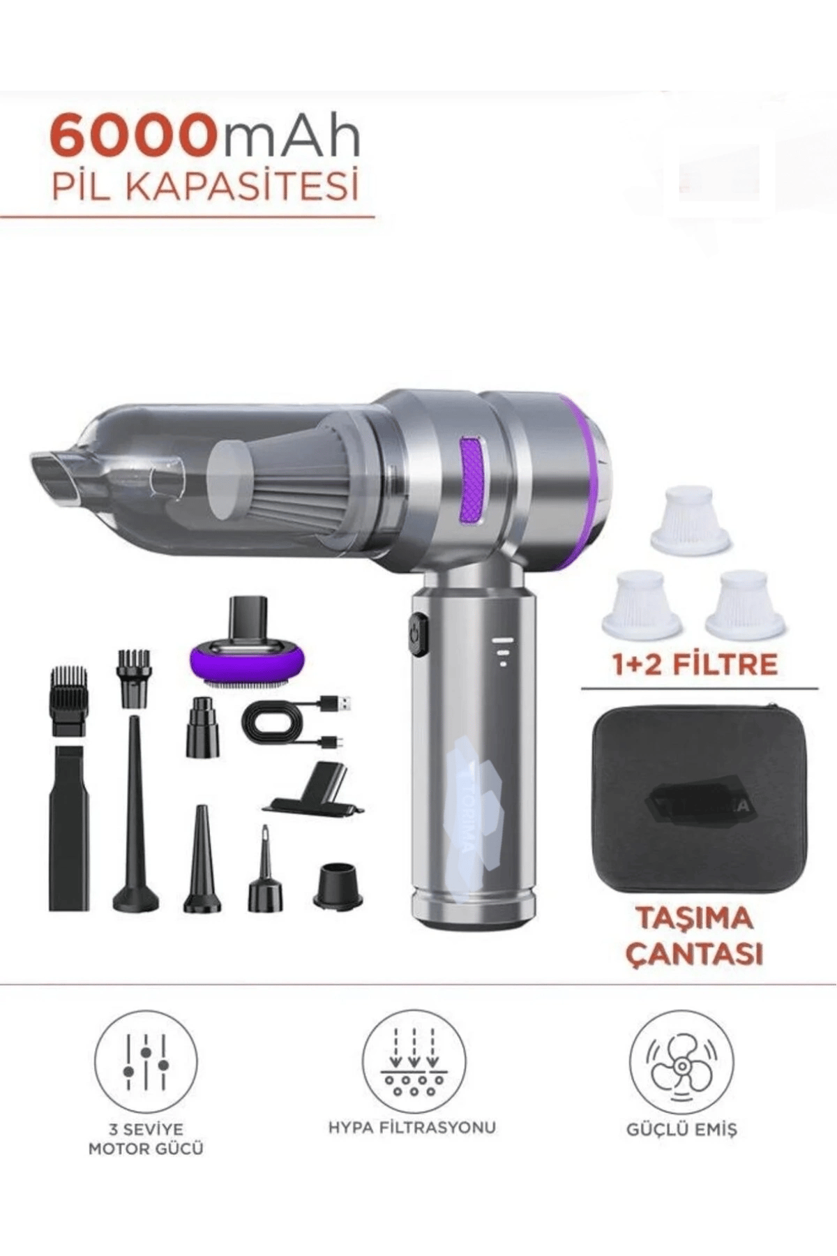 Siyah kablosuz araç içi süpürge 0-250 watt 81-90 dBA 2 yıl garantili şarjlı model
