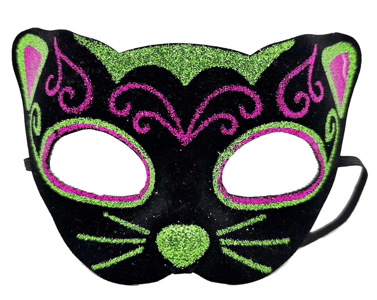 Siyah Kadife Kaplama Üzeri Pembe Yeşil Sim İşlemeli Kedi Maskesi 20x13 Cm Bx40