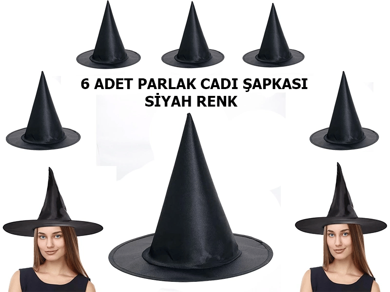 Siyah Renk Parlak Dralon Cadı Şapkası Yetişkin ve Çocuk Uyumlu 6 Adet