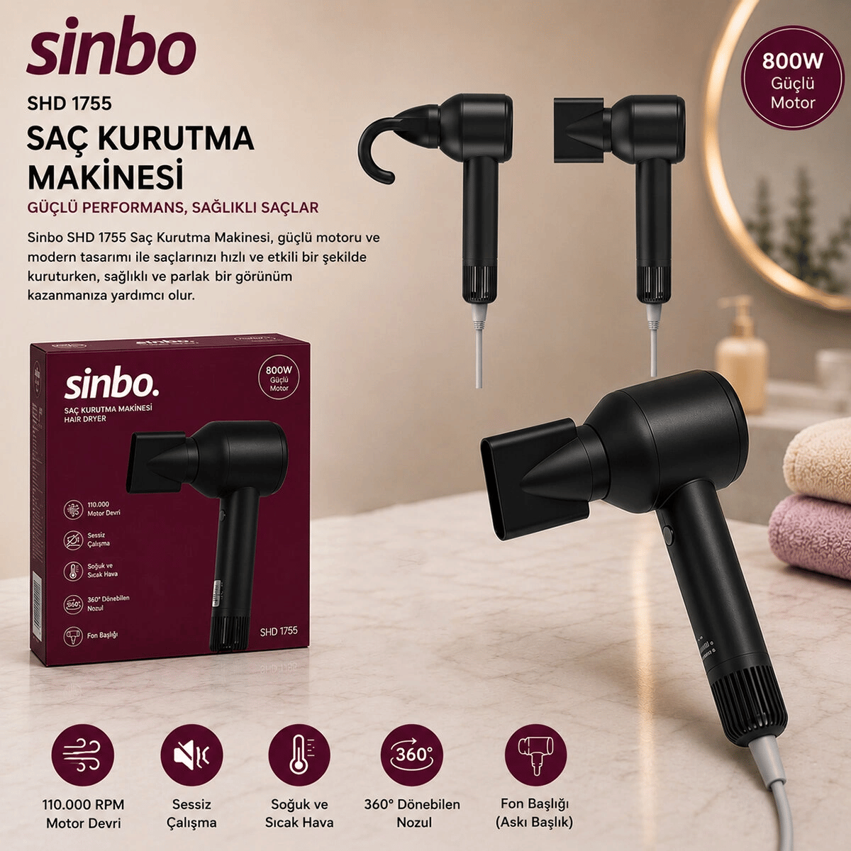 Siyah Saç Kurutma Makinesi 110.000 Rpm Sessiz Çalışma - 3 Hız - Sıcaklık Ayar Shd-1755 Bx40