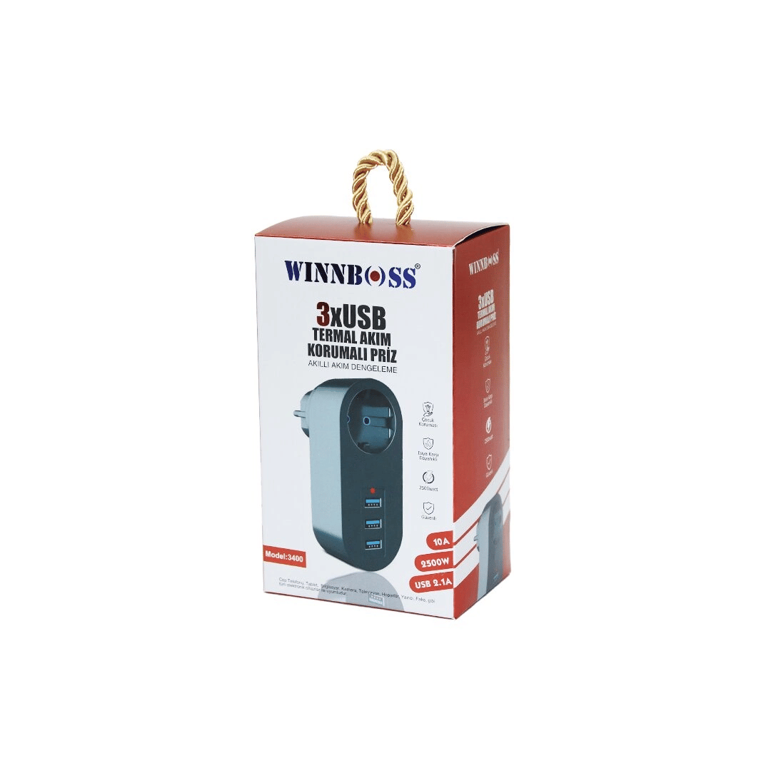 Siyah Termal Akım Korumalı  1xpriz 3xusb Duvar Tipi Priz 10a - 2500w Bx40