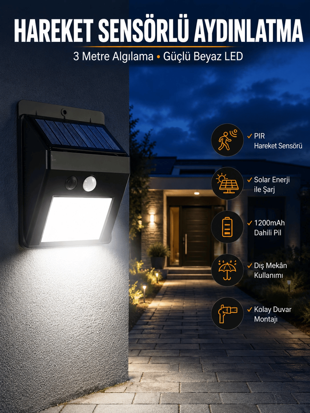 Solar Güneş Enerji Panelli Sensörlü Lamba Enerji Tasarruflu