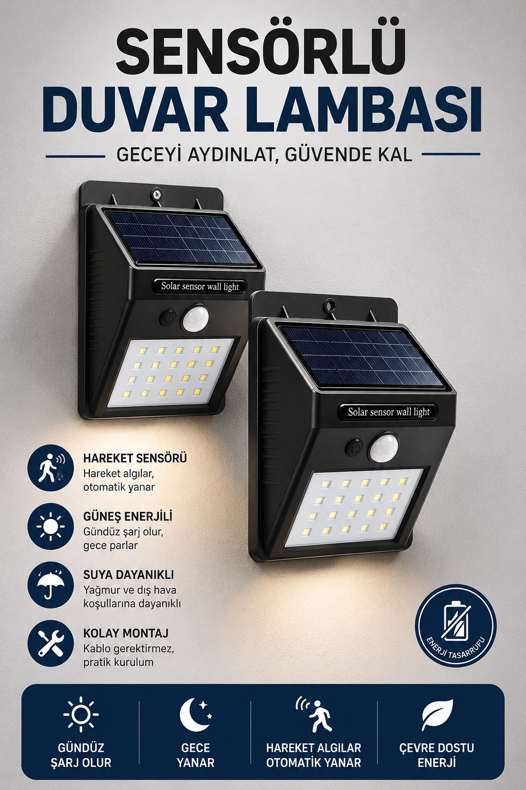 Solar Sensörlü Duvar Lambası Bahçe Lamba 20 Led Işık