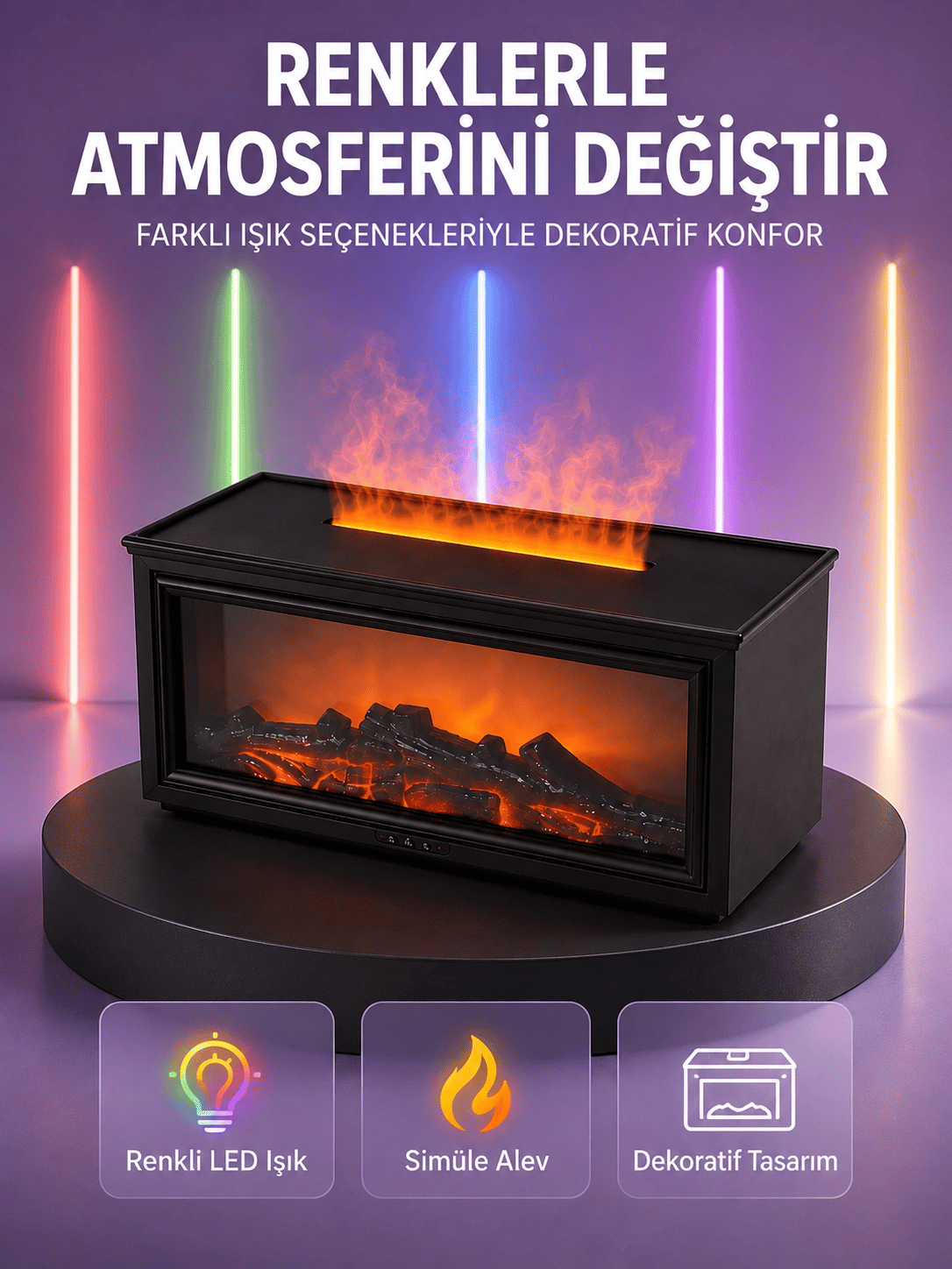 Şömine Görünümlü Hava Nemlendirici Renkli LED Işıklı Aroma Difüzörü