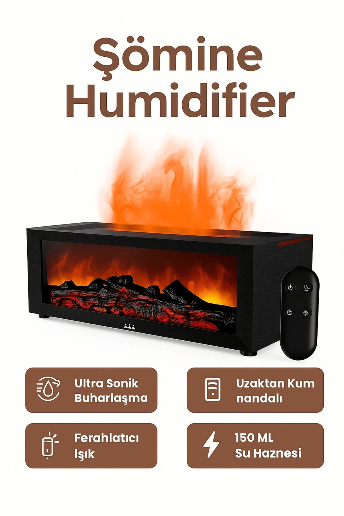 Şömine Tasarımlı Ultrasonik Buhar Makinesi: 150 ML Kapasiteli ve Kumandalı Aroma Difüzörü