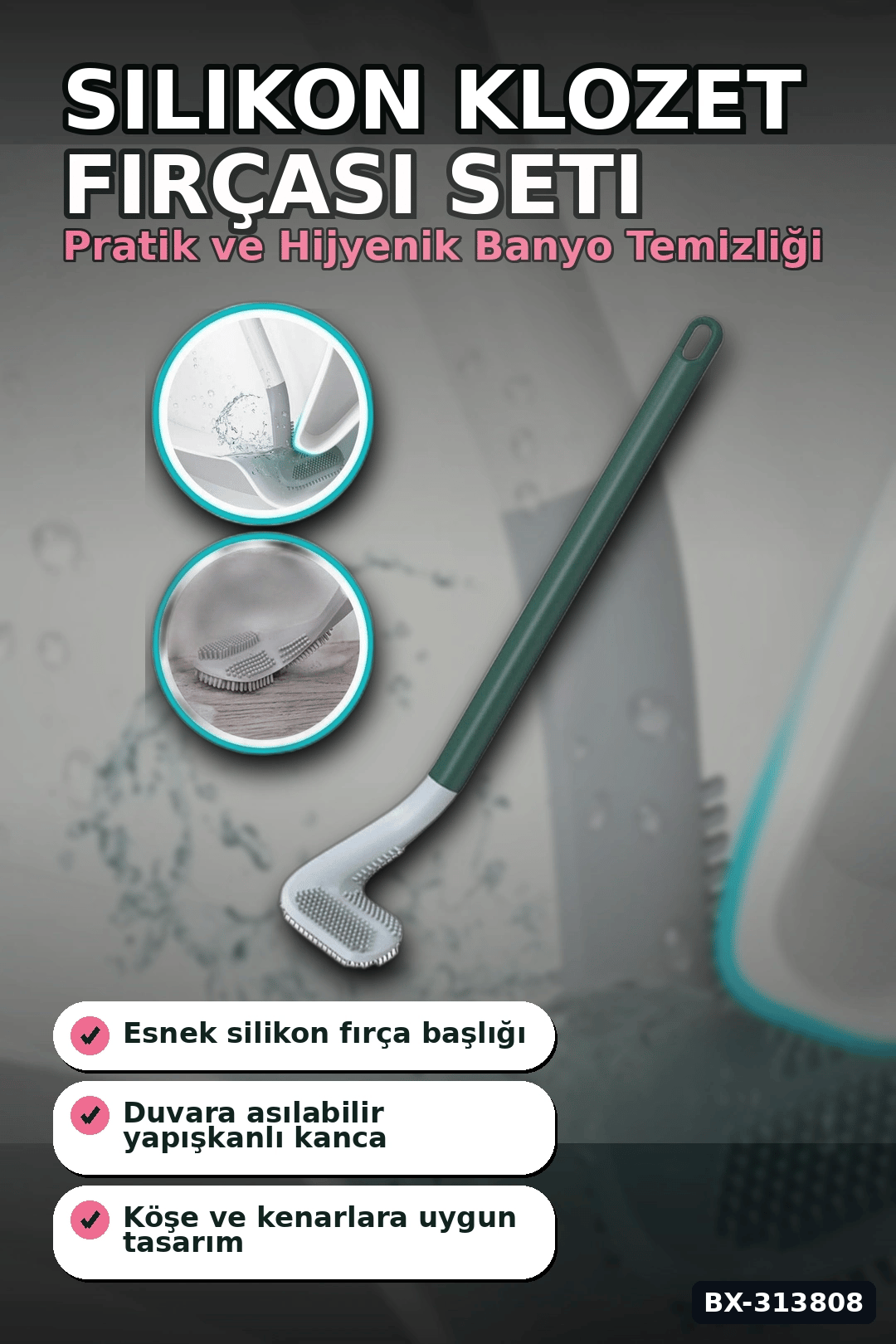 Sopali Tasarim Silikon Klozet Fircasi 41 cm Aski Kancali Banyo Temizlik Seti BX-313808