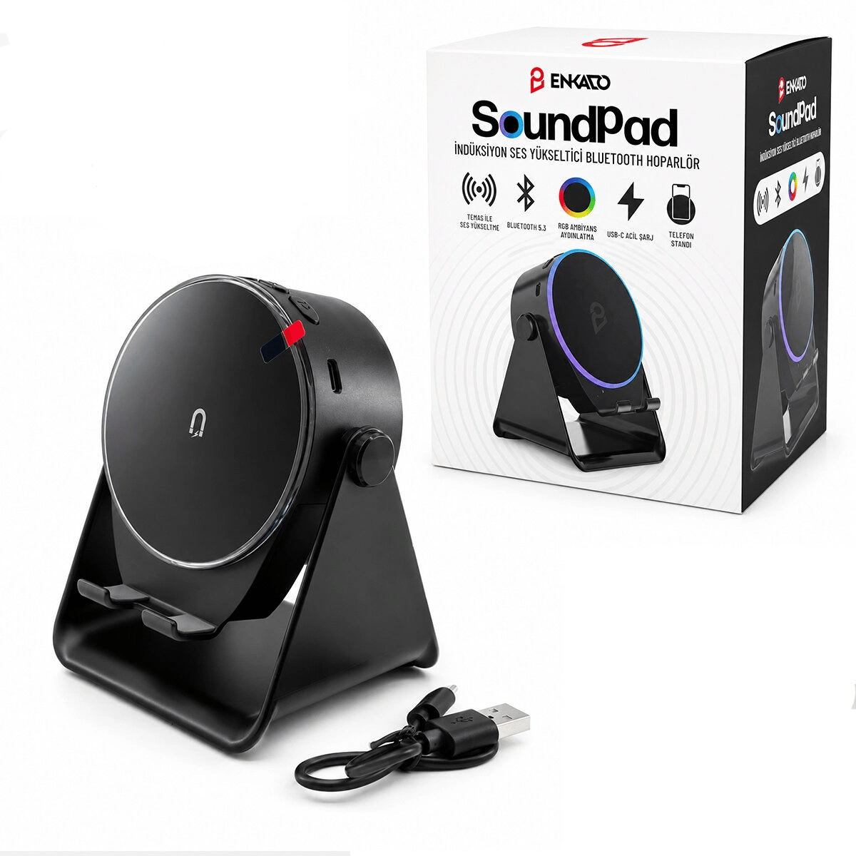 Soundpad 5ın1 - 5w - 2000mah Temas İle Ses Yükseltme - Telefon Stand - Usb-c Şarj Siyah İndiksiyon Ses Yükseltici Bluetooth Hoparlör Speaker Ekd-s10 Bx40
