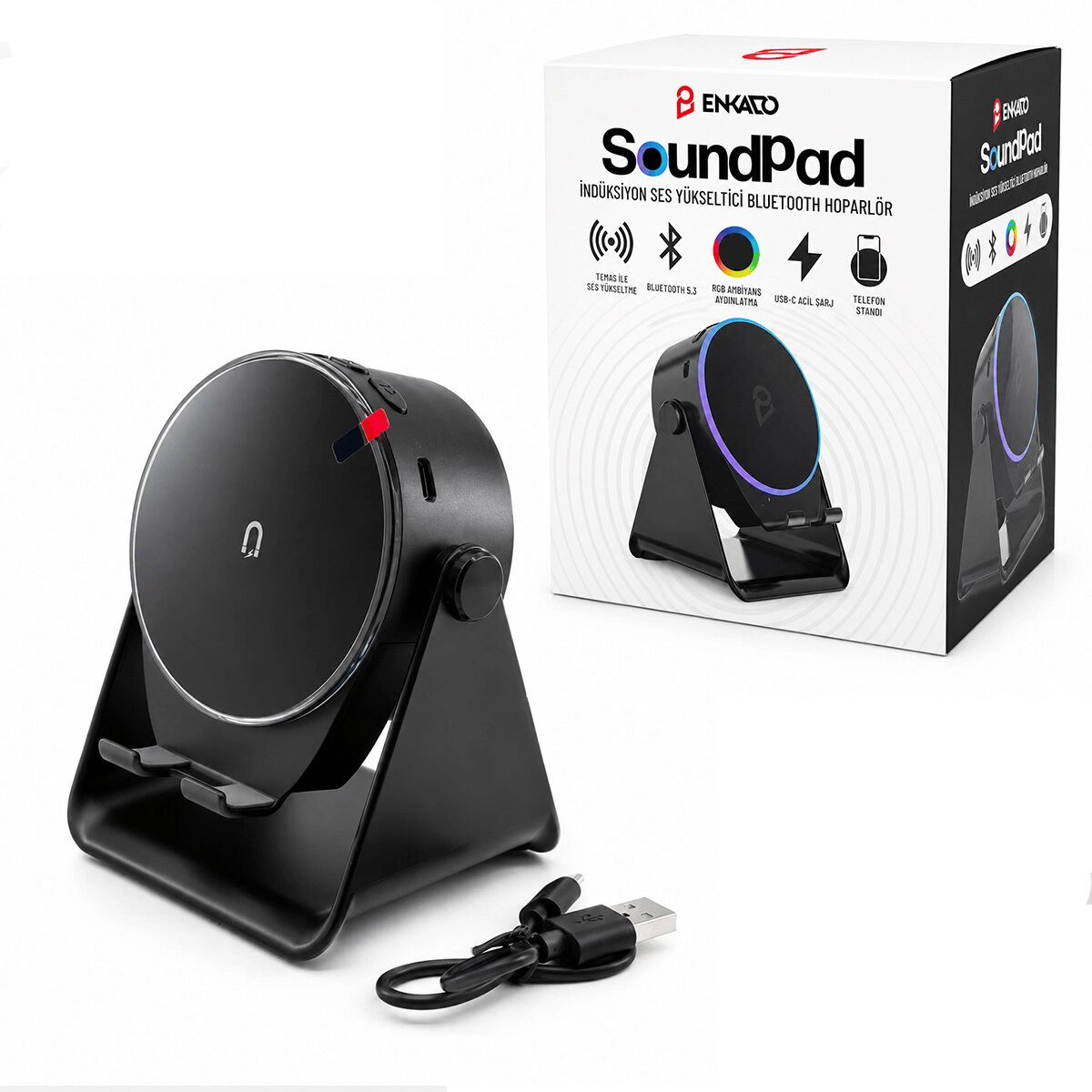 SoundPad Bluetooth Hoparlör - İndüksiyon Temas Özellikli - Telefon Standlı - Type-C Şarj - RGB Ambiyans Aydınlatma
