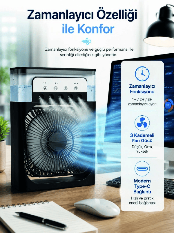 Su Hazneli Püskürtmeli Fan 1-3-5 Püskürtme Seçeneği, Type-C Güç Girişi