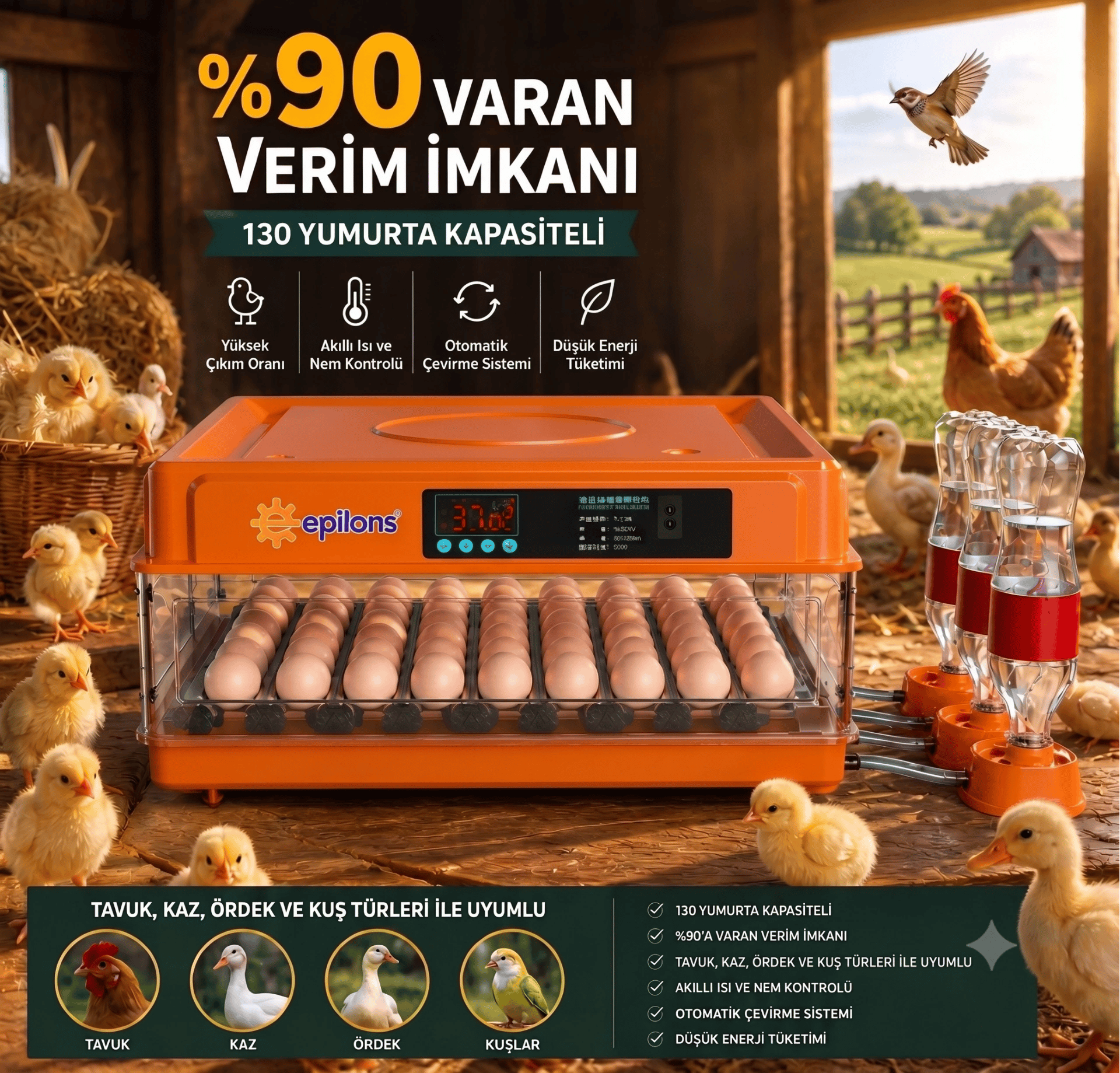 Tam Otomatik Kuluçka Makinesi 130 Yumurta Kapasiteli - Akıllı Isı ve Nem Kontrollü, Ayarlanabilir Viyol, Otomatik Su Sistemli