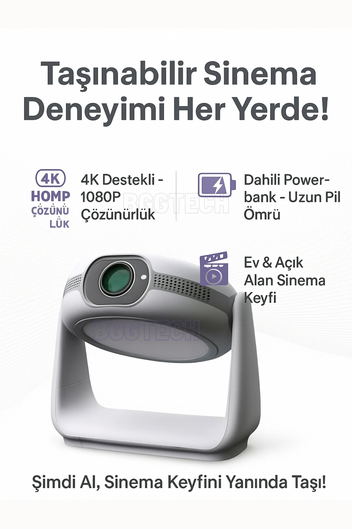 Taşınabilir 4K Destekli 1080P Projeksiyon Cihazı, Bataryalı ve Android İşletim Sistemli