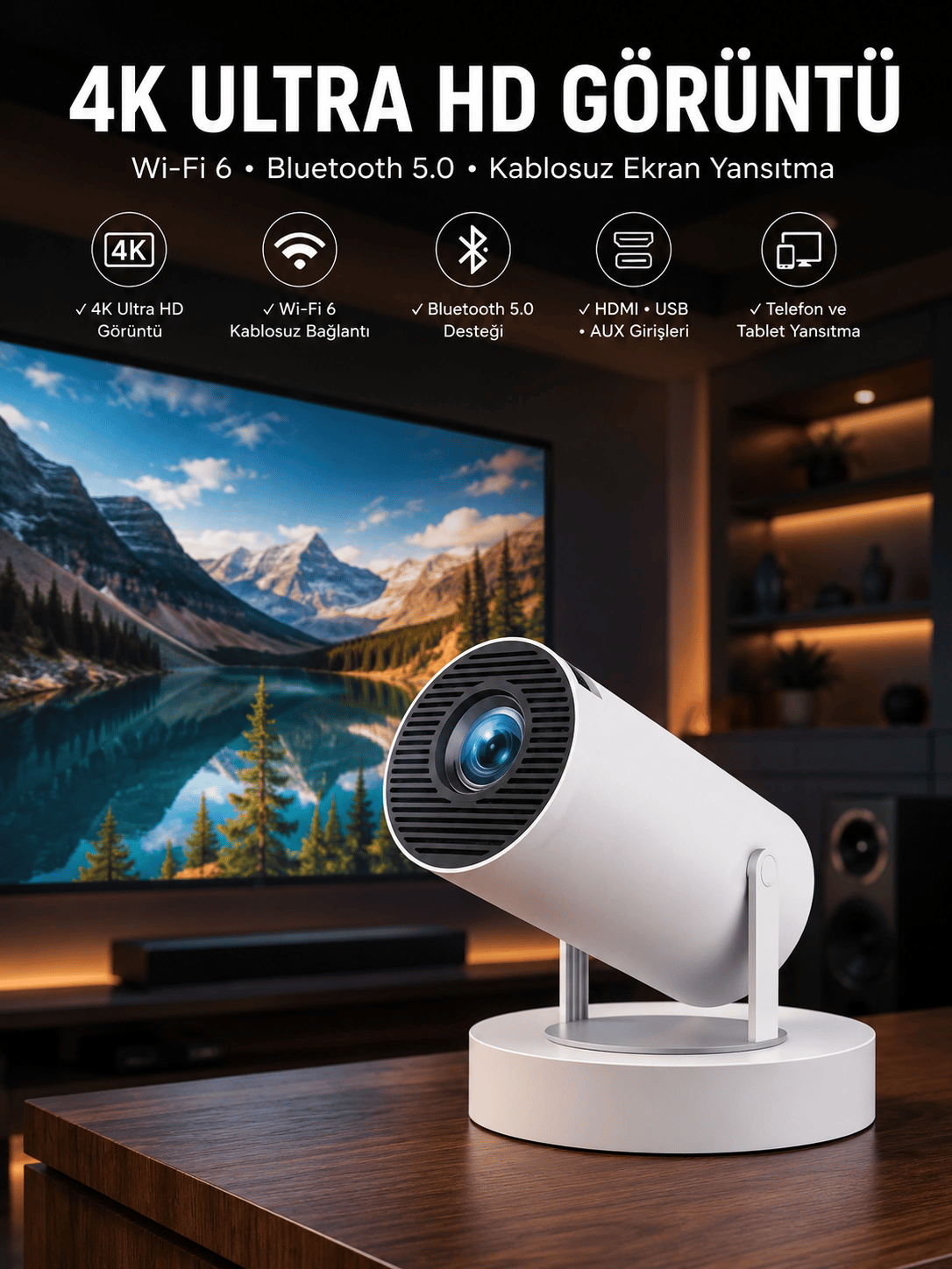 Taşınabilir Android Projeksiyon Ayaklı Çift Kollu 4K Çözünürlüklü Sinema Projeksiyonu