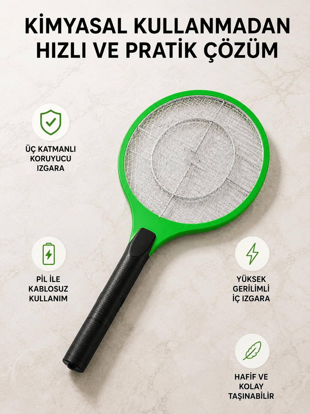 Taşınabilir Elektronik Sineklik – Üç Katmanlı Güvenli Izgara ve Kimyasız Koruma