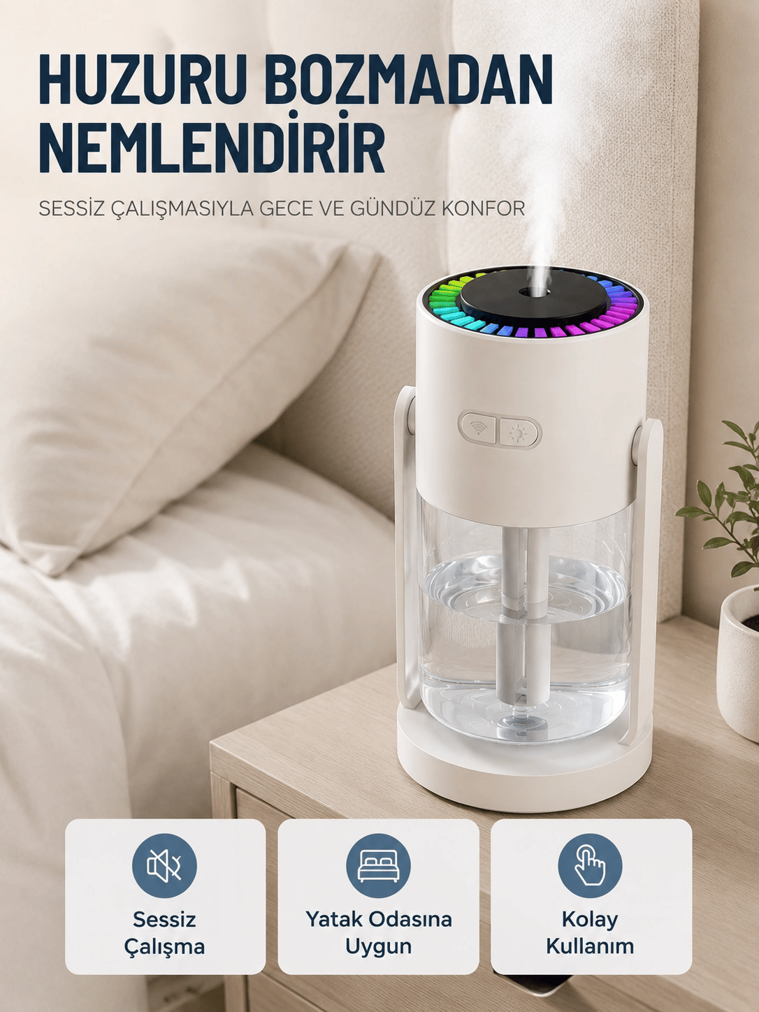Taşınabilir Hava Nemlendirici LED Işıklı Şeffaf Hazneli Ev Ofis Yatak Odası Nemlendirme Cihazı