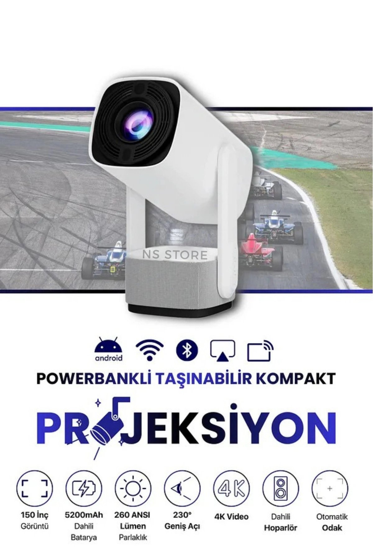 Taşınabilir LED Projeksiyon Cihazı, 1080P Çözünürlük ve 4K Destekli, Kablosuz Bağlantı Özellikli