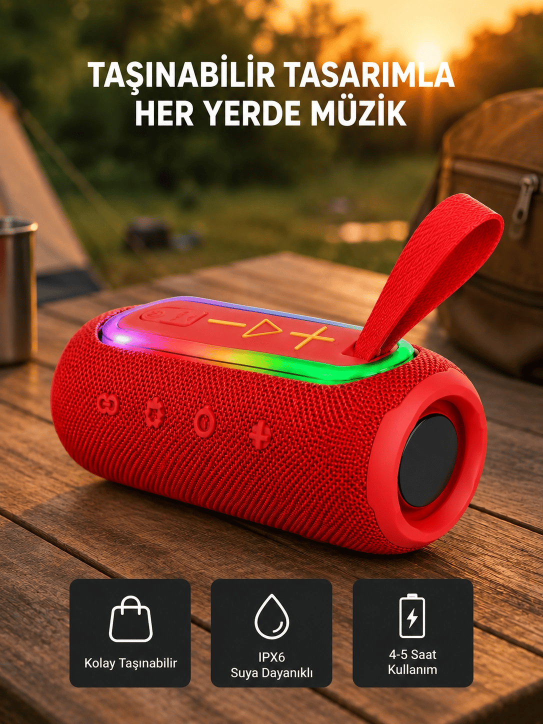 Taşınabilir Mini Bluetooth Hoparlör Güçlü Ses ve Şık Kırmızı Tasarım