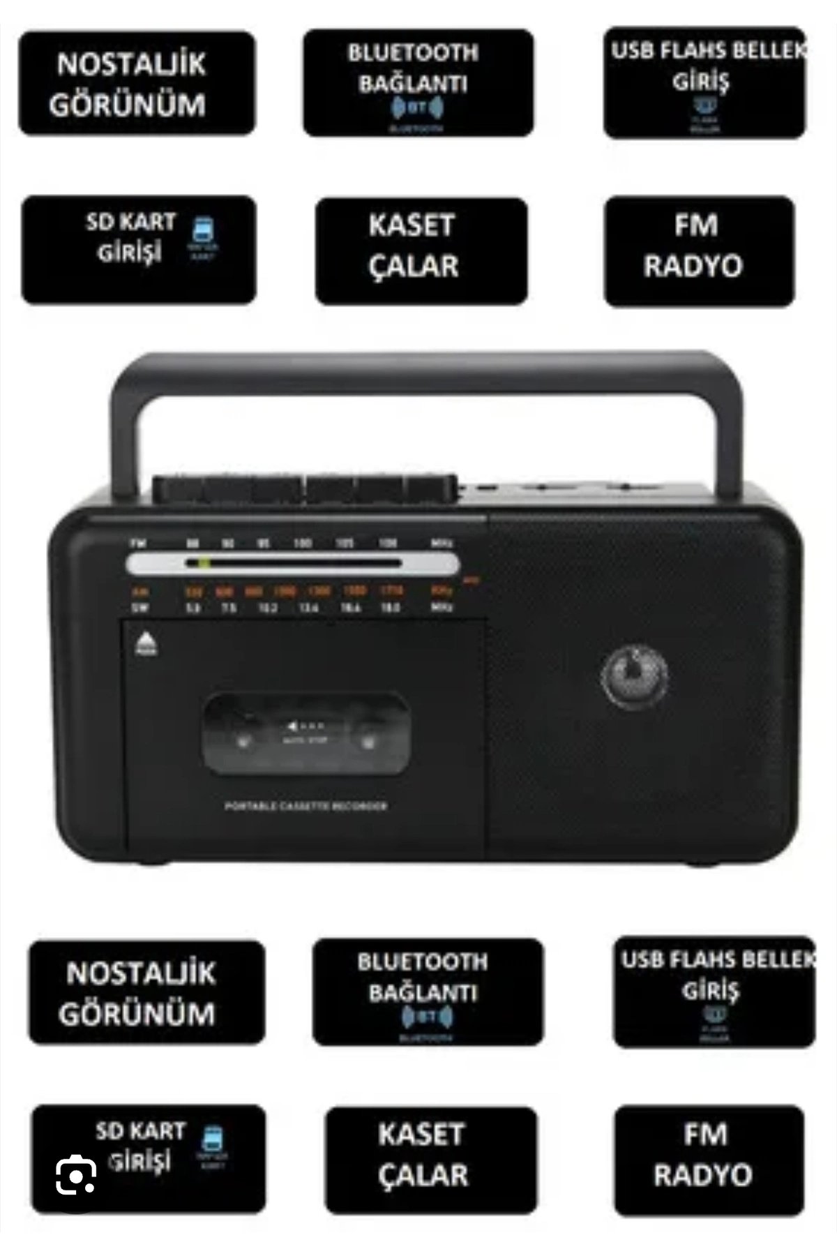 Taşınabilir nostaljik radyo kaset çalar FM radyo USB MP3 çalar Bluetooth hoparlör siyah