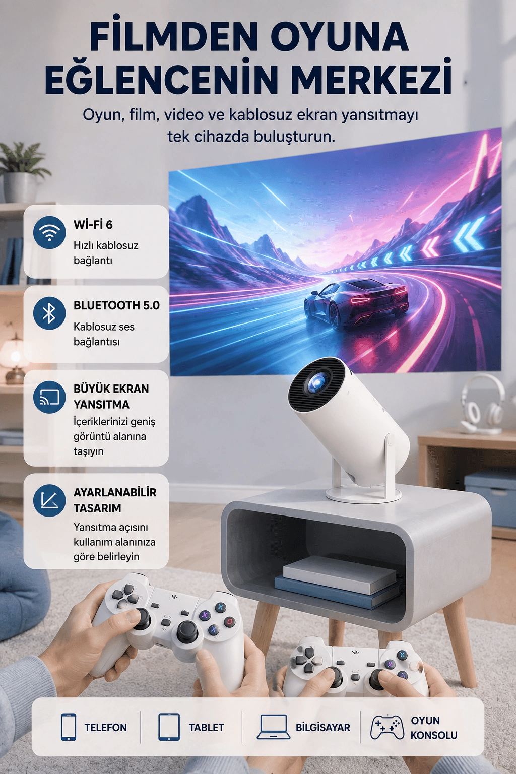 Taşınabilir Projeksiyon Cihazı 4K Destekli Wi-Fi Kablosuz Ekran Yansıtma