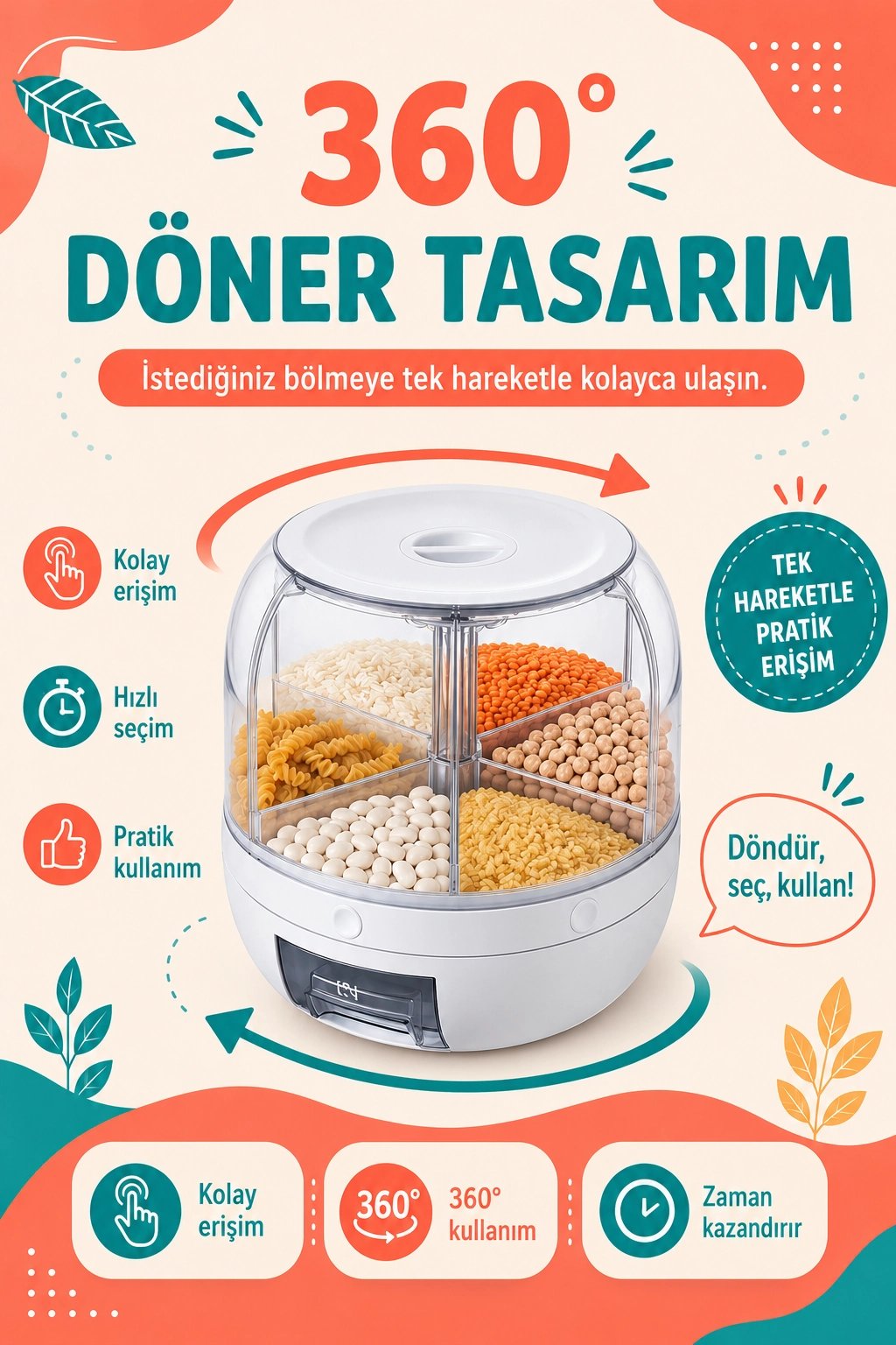 Tek Tuşla Kullanılan Şeffaf Kapaklı Bakliyat Saklama Kabı 6 Bölmeli Döner Hazneli