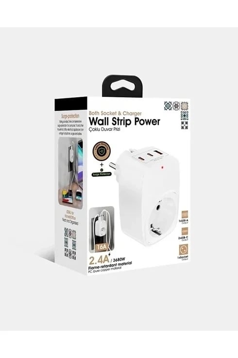 Tekli Yüksek Voltaj Korumalı Duvar Prizi 2x Type-c 1x Usb Çıkışlı Priz Grup Priz Çoğaltıcı Beyaz