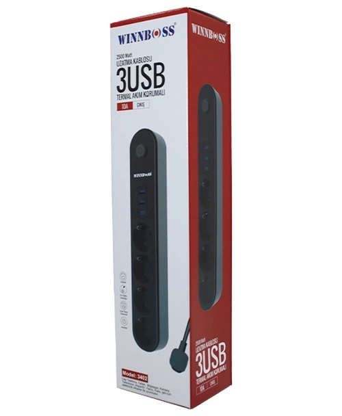 Termal Akım Korumalı 4lü Priz 3xusb 2mt Anahtarlı Uzatma Kablo Siyah 10a - 2500w Bx40