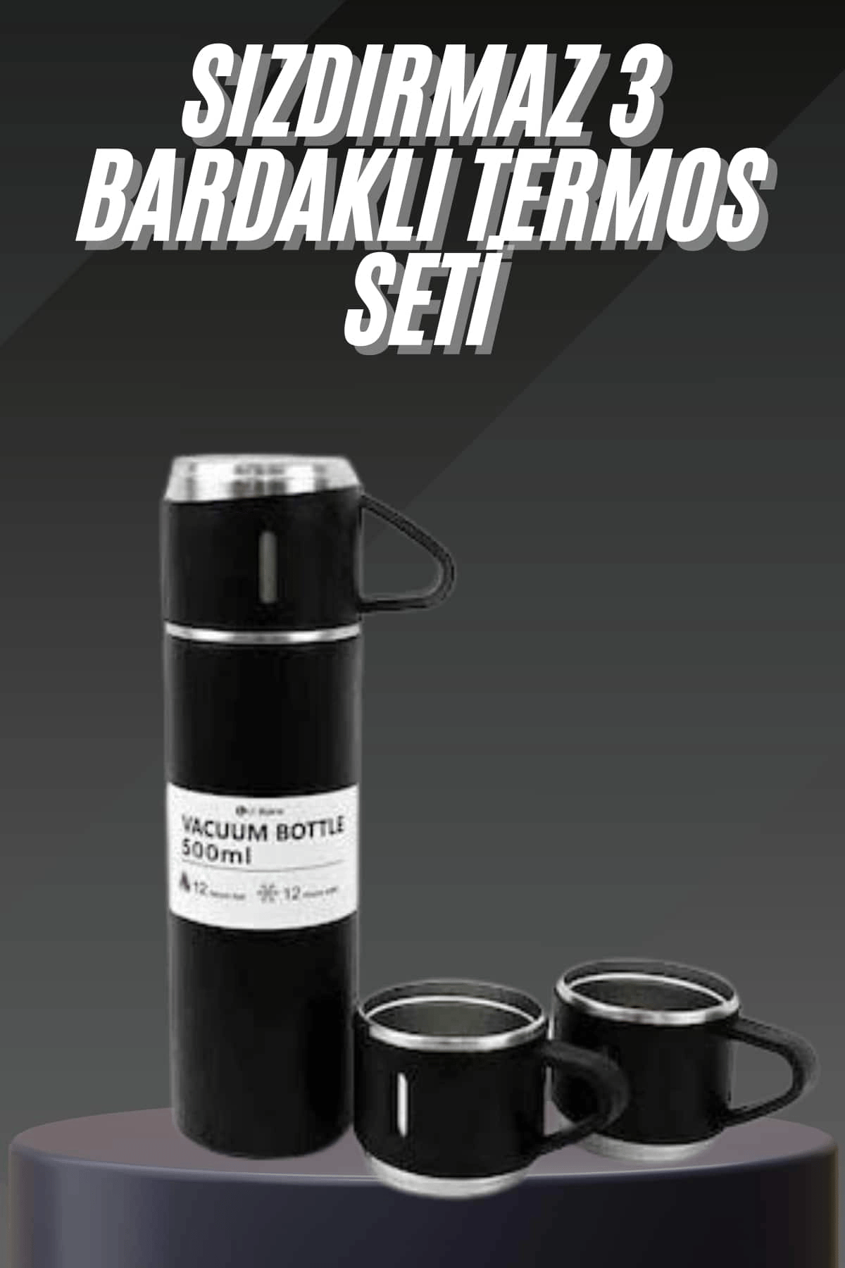 Termos Seti Paslanmaz Çelik 3 Bardaklı Vakumlu Termos Set 500 Ml 12 Saate Kadar Isı Koruma