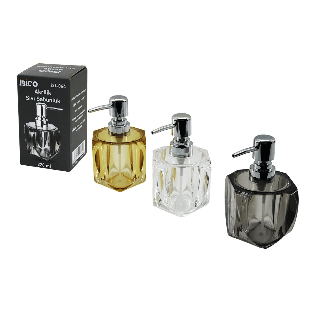 Tombul Kare - 4-kalpli Gövde  Şeffaf - Renkli   Akrilik - Mika Kristal  Sıvı Sabunluk  220ml Bx40