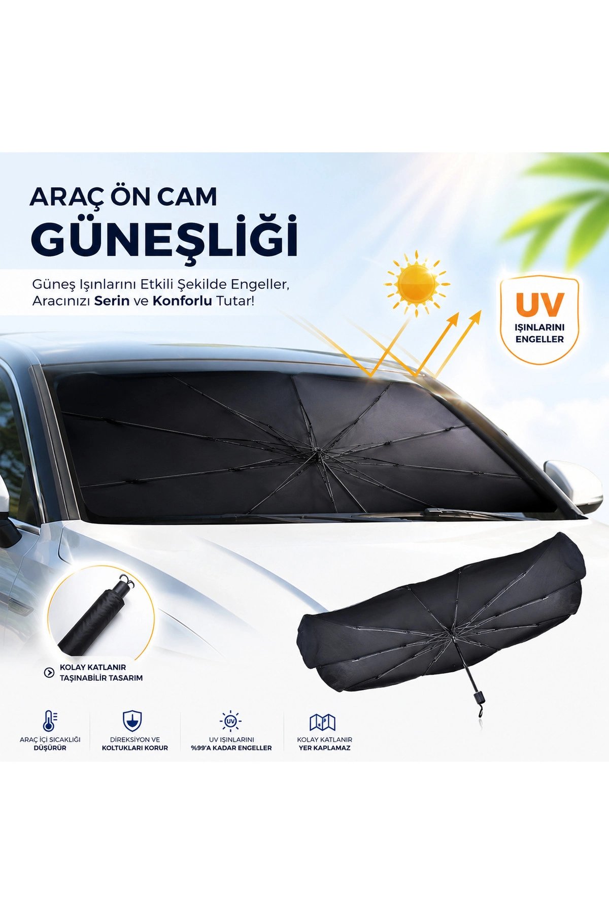 Tüm Araçlara Uyumlu Katlanır Şemsiye Oto Ön Cam Güneşliği Perde Gölgelik UV Blok