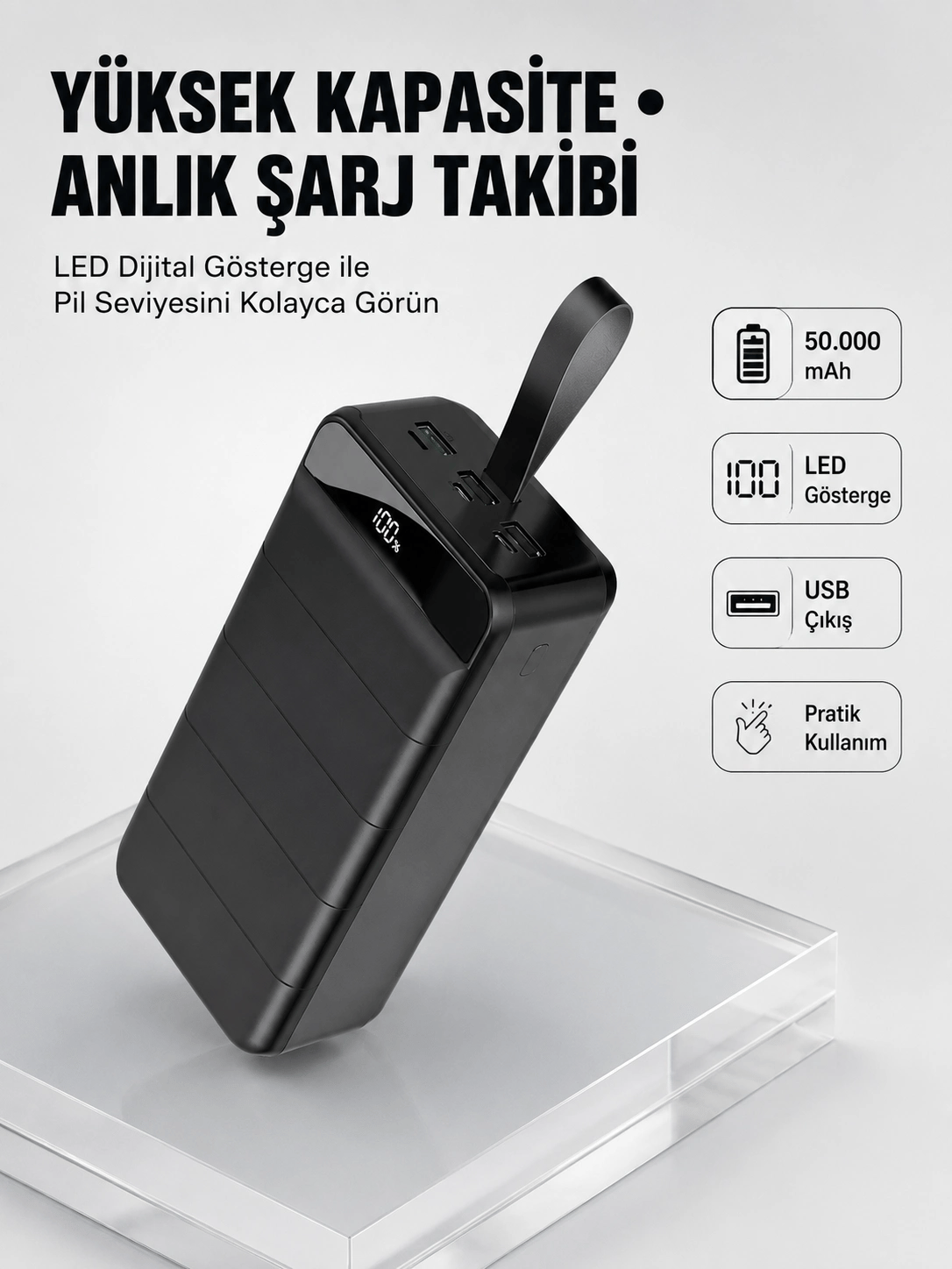 Tüm Cihazlarla Uyumlu 50.000 mAh Powerbank – Yüksek Kapasiteli, LED Gösterge ve Akıllı Koruma Fonksiyonlu
