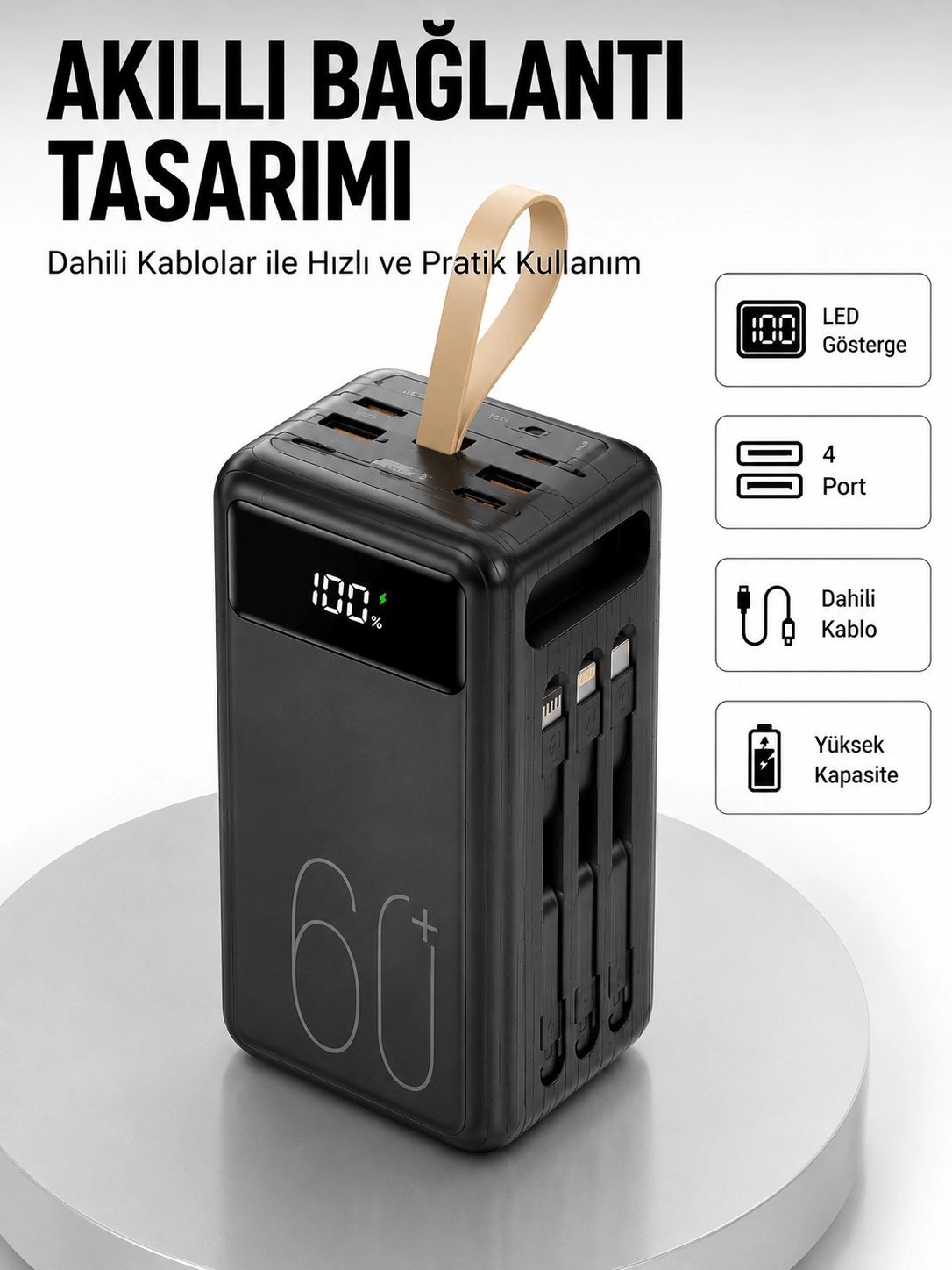 Tüm Cihazlarla Uyumlu LED Fenerli 4 Çıkışlı Powerbank Yeni Nesil