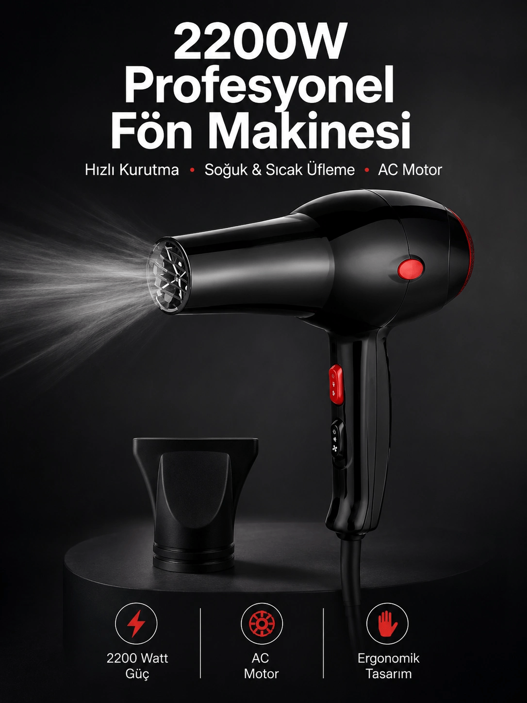 Tüm Saç Tiplerine Uygun, İki Kademeli Hız Ayarlı Fön Makinesi