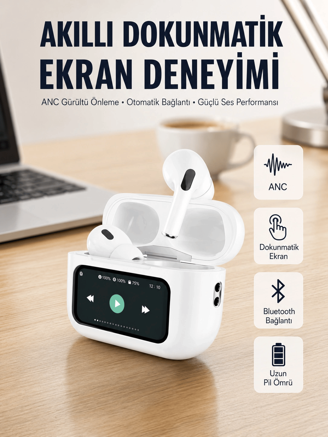 Tüm Telefonlarla Uyumlu ANC Özellikli Dokunmatik Bluetooth Kulaklık Yeni Nesil