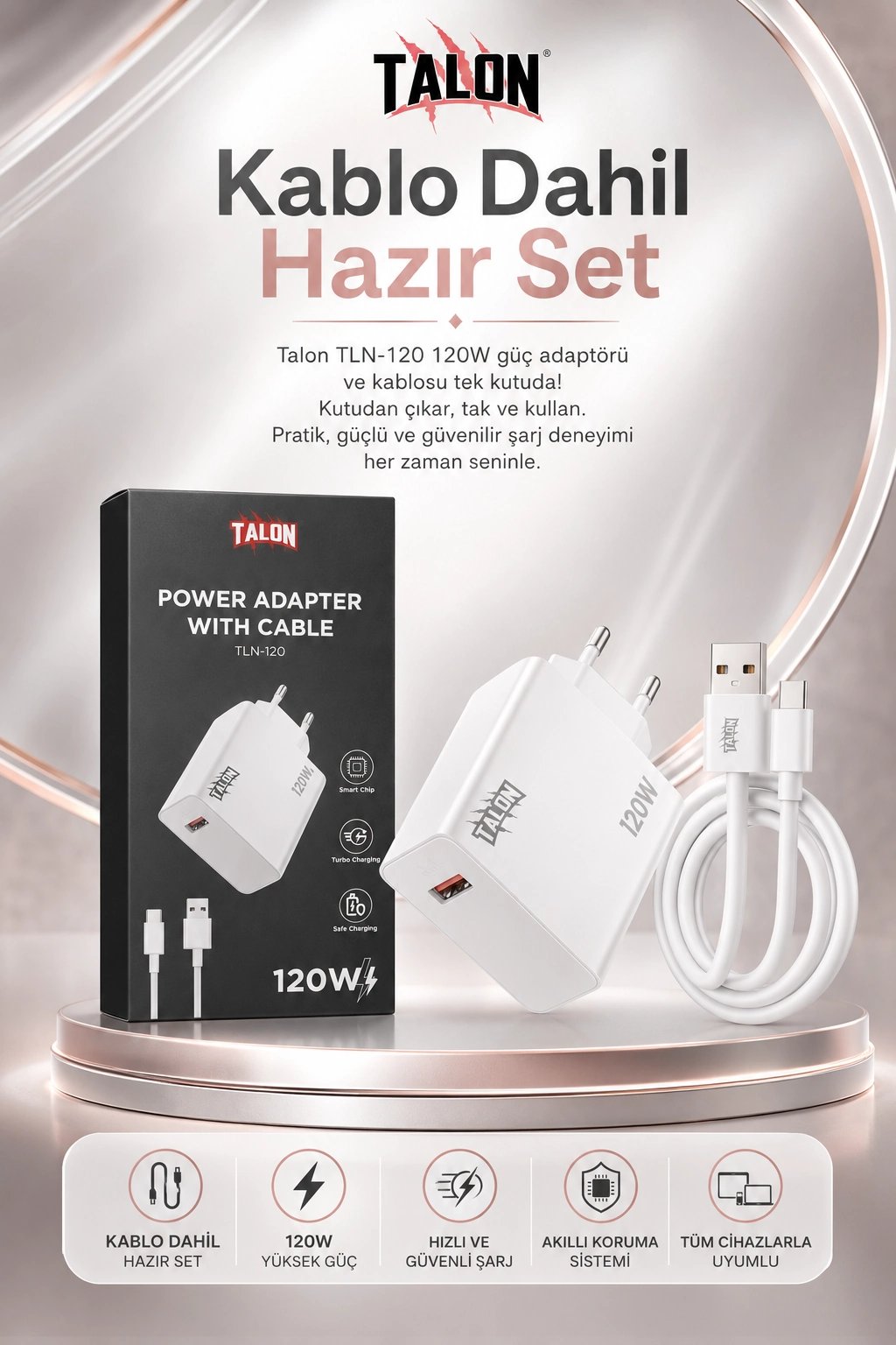 Turbo Şarj Destekli 120W Adaptör Ve Kablo Seti Telefon Uyumlu Pratik Kullanım