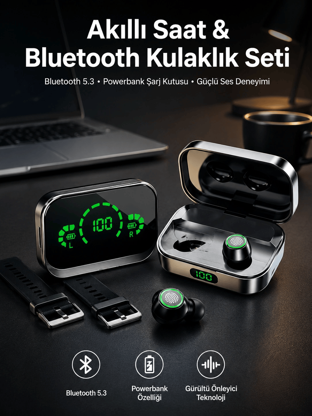 TWS Bluetooth Kulaklık ve Akıllı Saat Uyku Takibi Nabız Ölçer Uzun Pil Ömrü