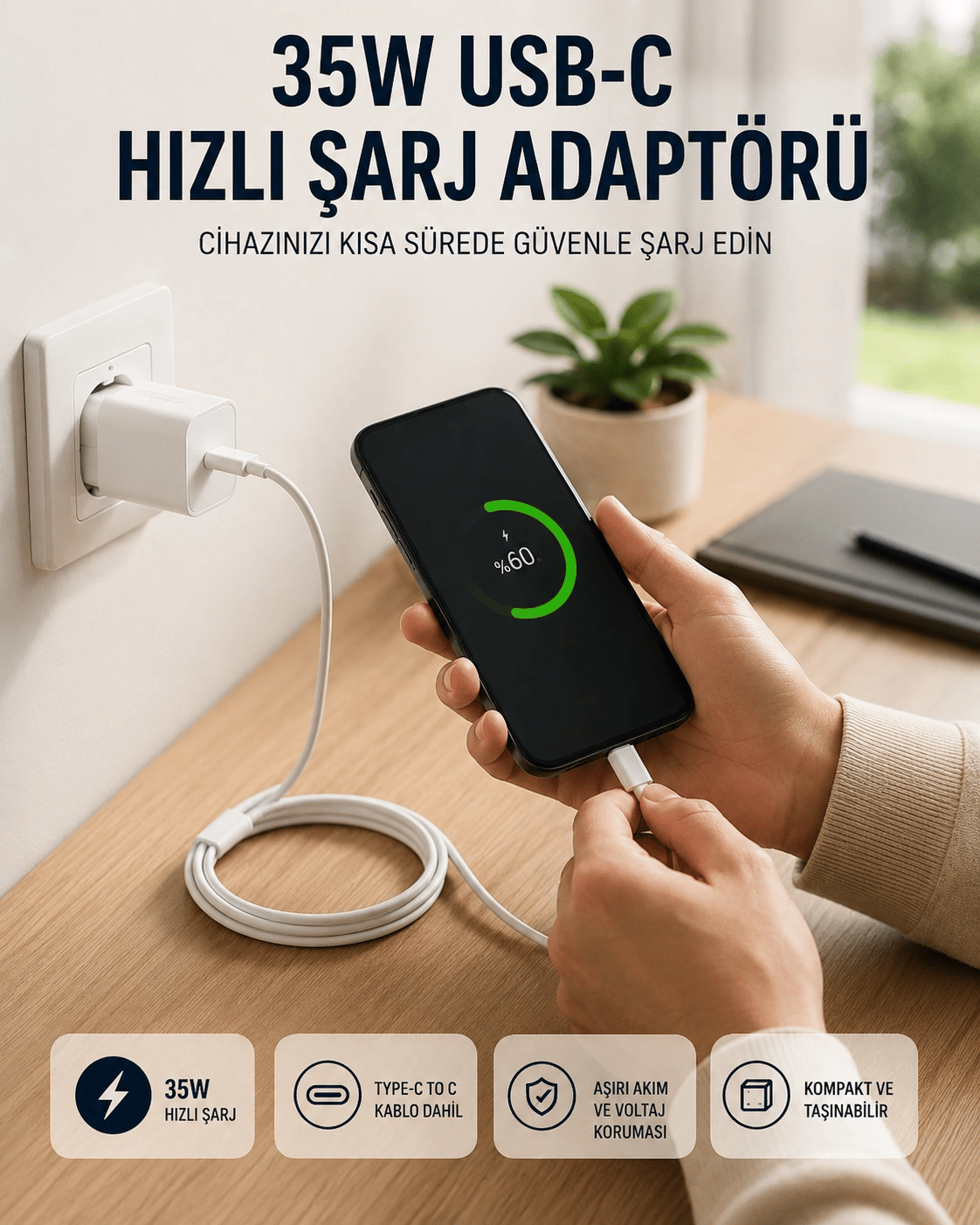 Type-C to C Kablolu 35W Hızlı Şarj Başlığı Set