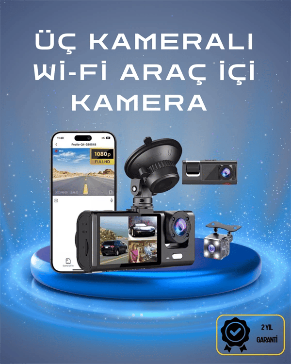 Üç Kameralı 1080p Full HD Araç İçi Kamera – G-Sensörlü ve Gece Görüşlü