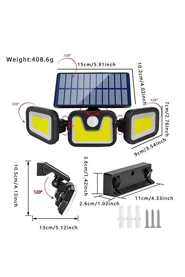 Üçlü Solar Led Projektör – Beyaz Işık – Sensörlü Dış Mekân Aydınlatma Bx40