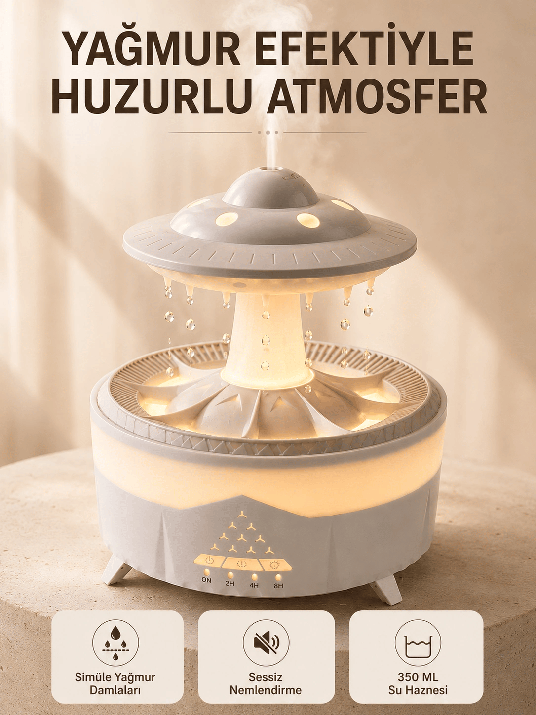 UFO Tasarımlı 350 ML Hava Nemlendirici Renkli Ortam Işığı Yağmur Efektli Difüzör