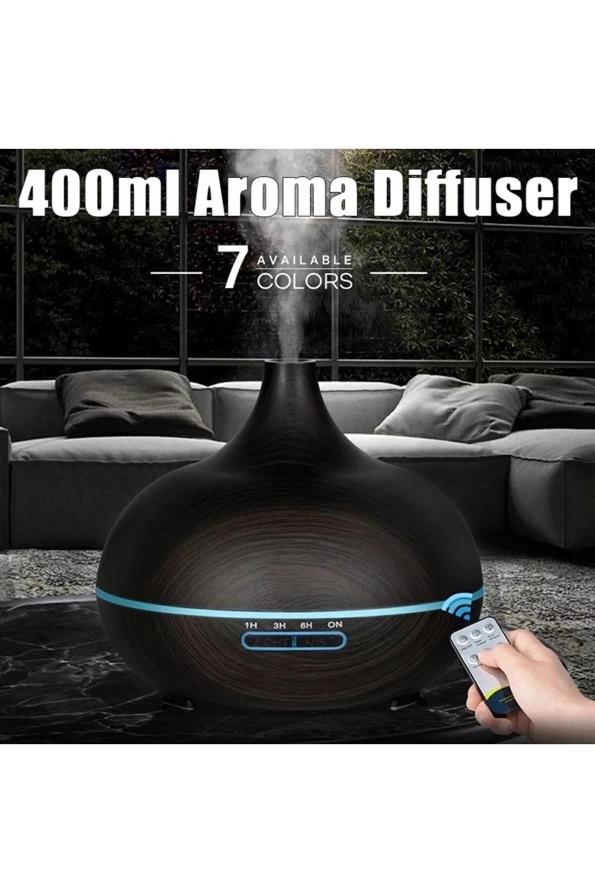 Ultrasonik ahşap desenli hava nemlendirici kumandalı aroma difüzörü 550 ml 7 renk led