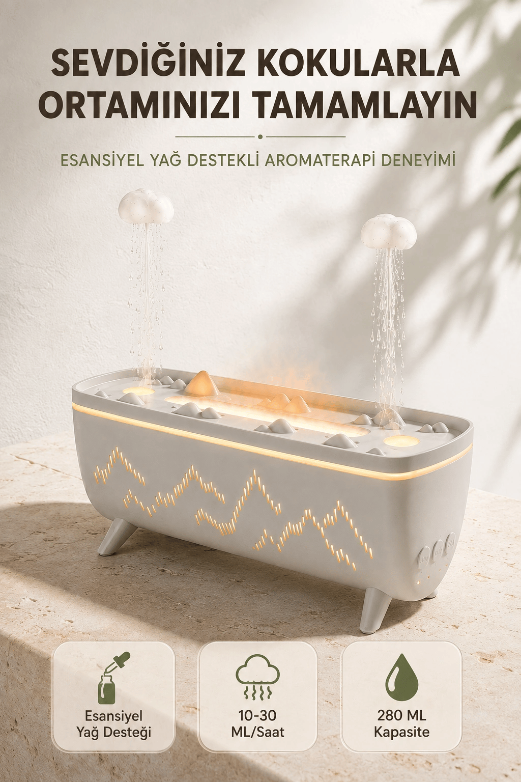 Ultrasonik Hava Nemlendirici Aromaterapi Difüzörü Jöle Yağmur Efektli LED Işıklı 280 ML