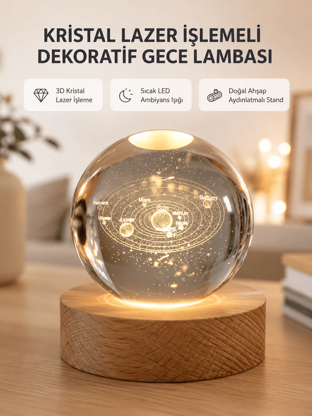 USB Bağlantılı Işıklı Kristal Küre Modern Ahşap Tabanlı Dekor