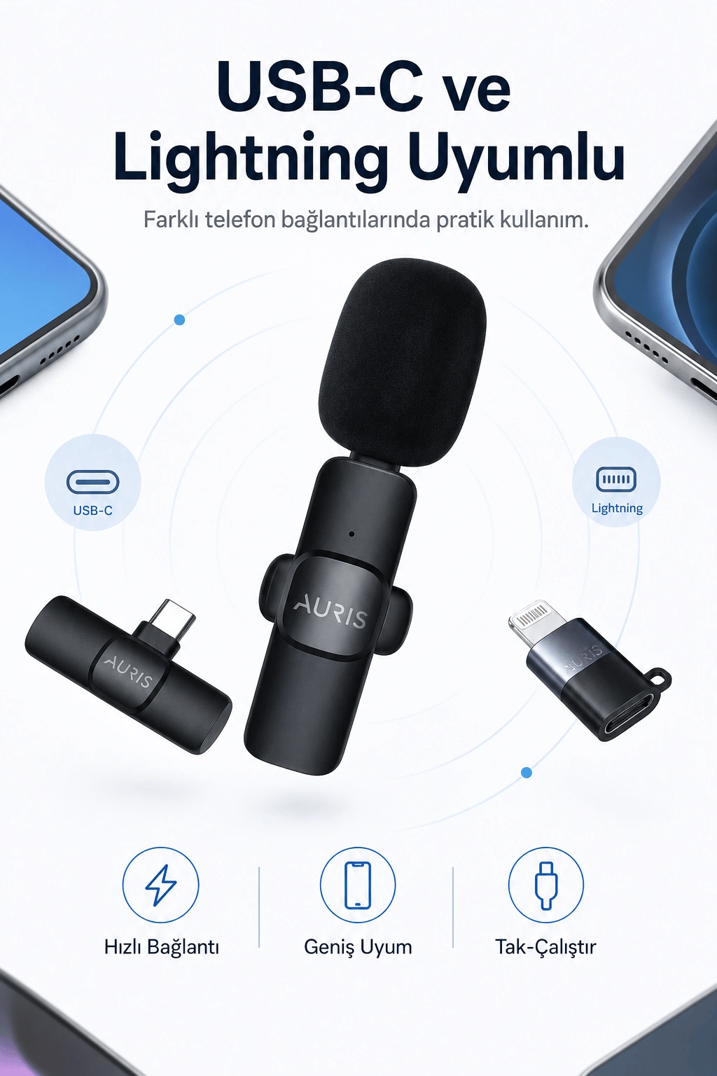 USB-C ve Lightning Uyumlu Kablosuz Yaka Mikrofonu Tak Çalıştır Telefon Ses Kayıt Seti