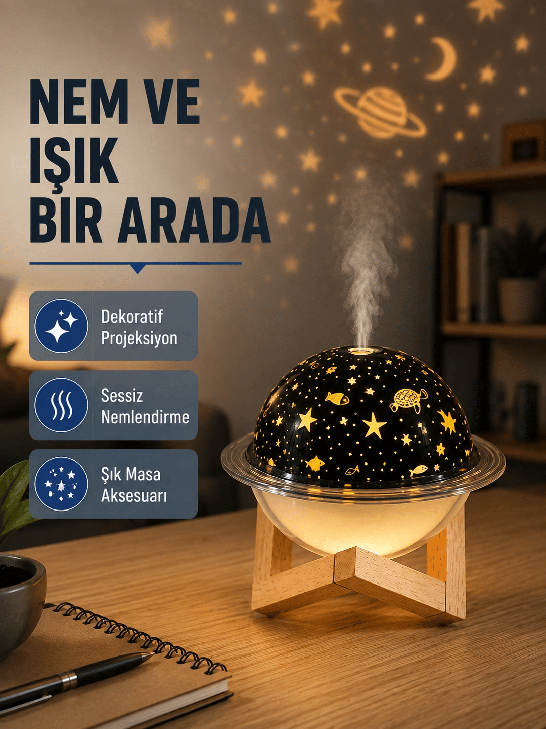 USB Projeksiyon Gece Lambası ve Hava Nemlendirici – Aromaterapi Destekli, Taşınabilir Mini