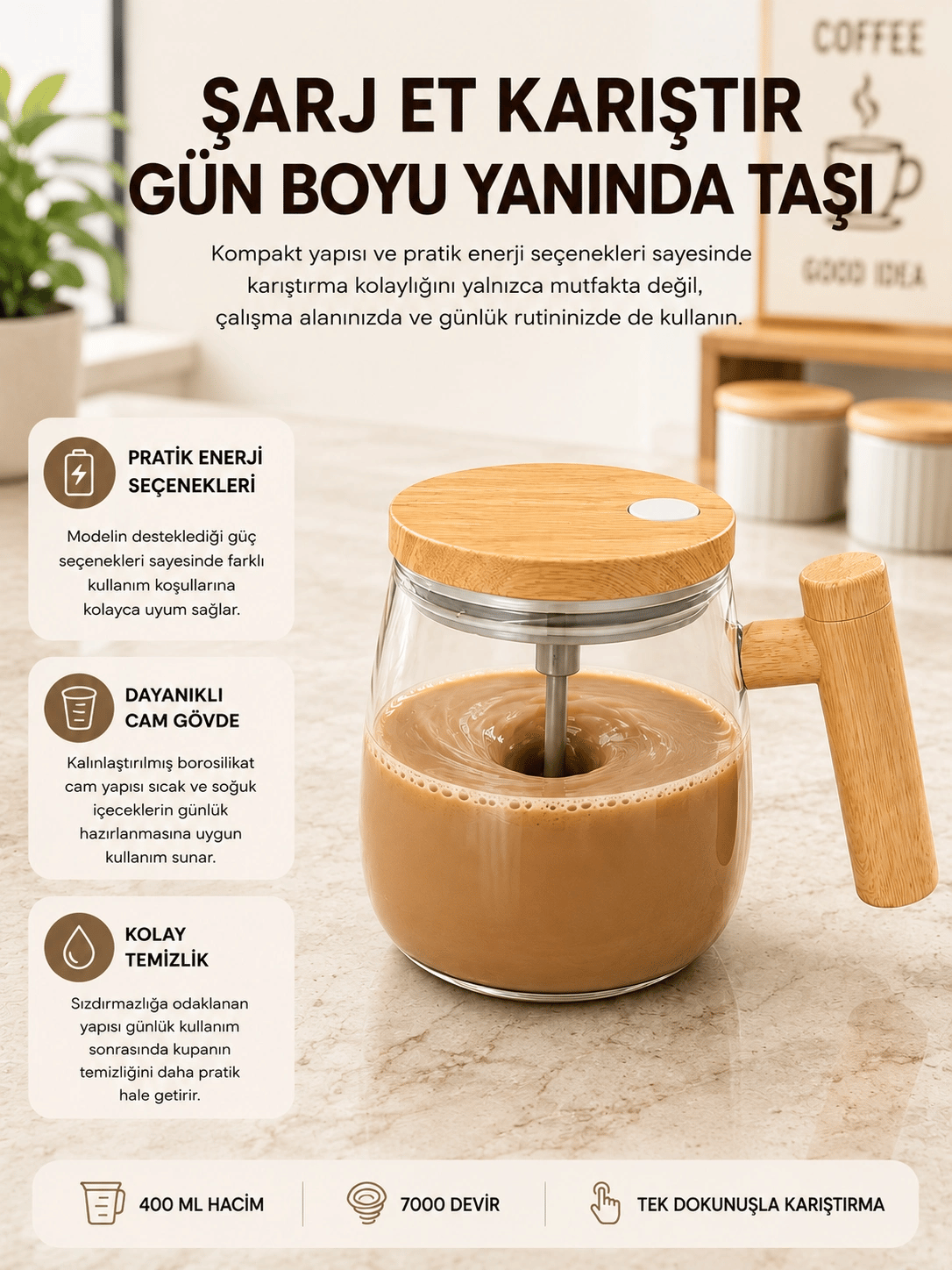 USB Şarjlı Akıllı Karıştırıcı Kupa – Isıtma Altlıklı, IP6 Su Geçirmez Yeni Nesil
