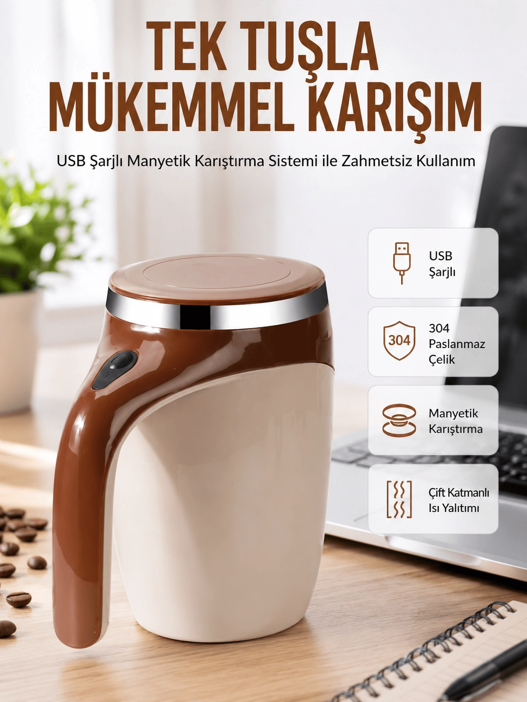 USB Şarjlı Elektrikli Karıştırıcı Kupa – Sıcak & Soğuk İçecekler için