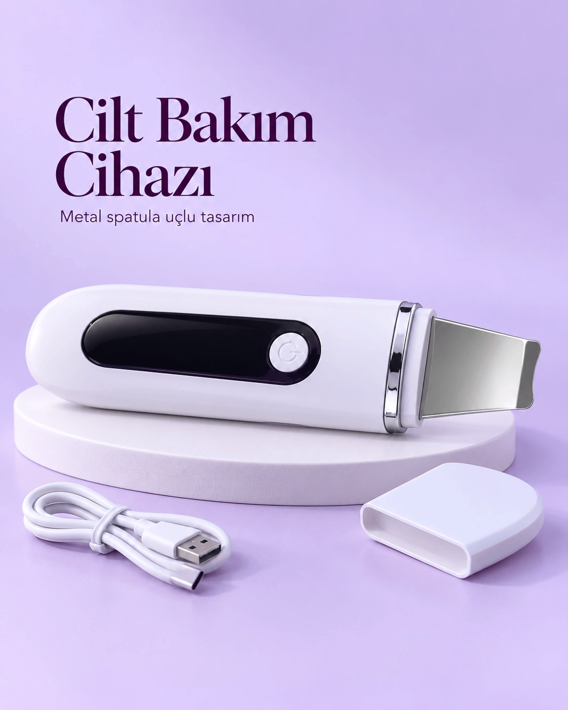 USB Şarjlı Metal Spatula Uçlu Beyaz Yüz ve Cilt Bakım Cihazı