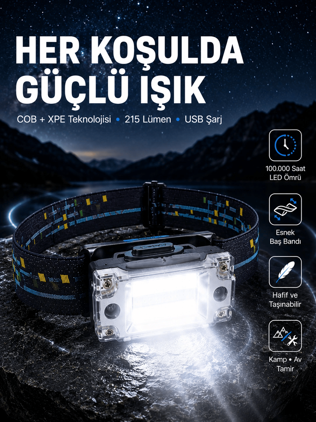 USB Şarjlı Mini LED KAFA Feneri 50m Odak 150m Geniş Aydınlatma Yeni Nesil