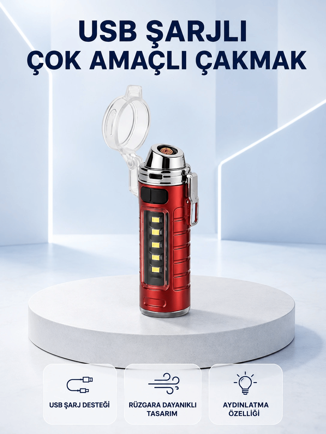 USB Şarjlı Rüzgar Geçirmez Elektrikli Çakmak El Fenerli