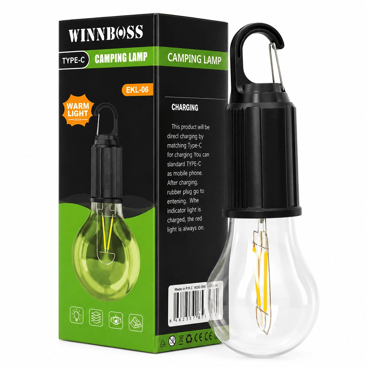 Usb Şarjlı Seyyar Ampul Model=rustik Kamp Lambası Mandallı Kanca Askılık 3-kademe Işık Ekl-06 G-912 Bx40
