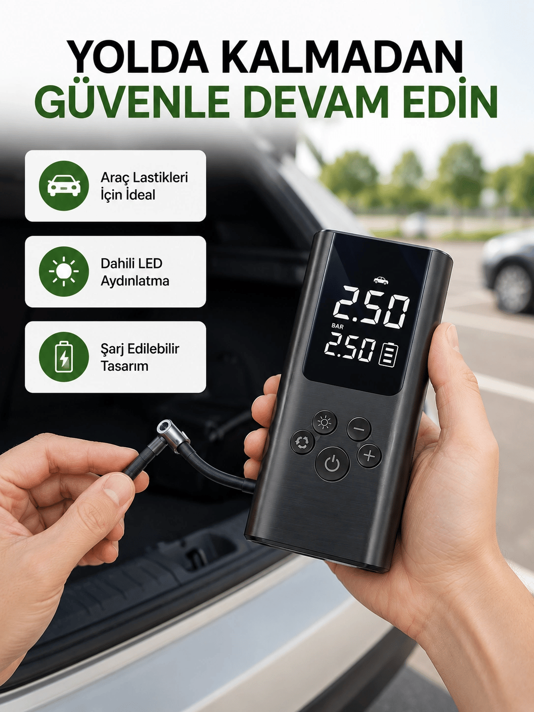 USB Şarjlı Taşınabilir Hava Kompresörü Dijital Ekranlı